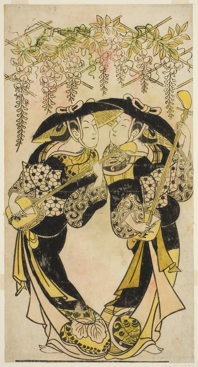 Die Schauspieler Sanjo Kantaro (rechts) und Fujimura Handayu (links) als Musiker unter Glyzinien von Unknown artist