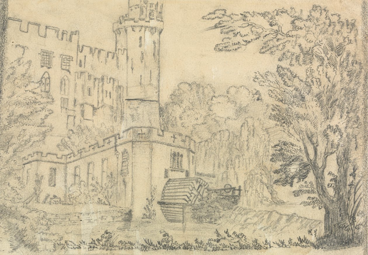 Die Rückseite eines großen Schlosses mit Wasserrad im Vordergrund von Unknown artist