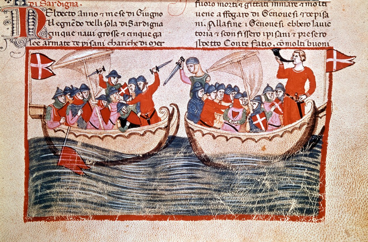 Die Schlacht von Meloria, die in der Besetzung Korsikas durch Genua gipfelte. 1284. Manuskript. Biblioteca Vaticana von Unknown artist