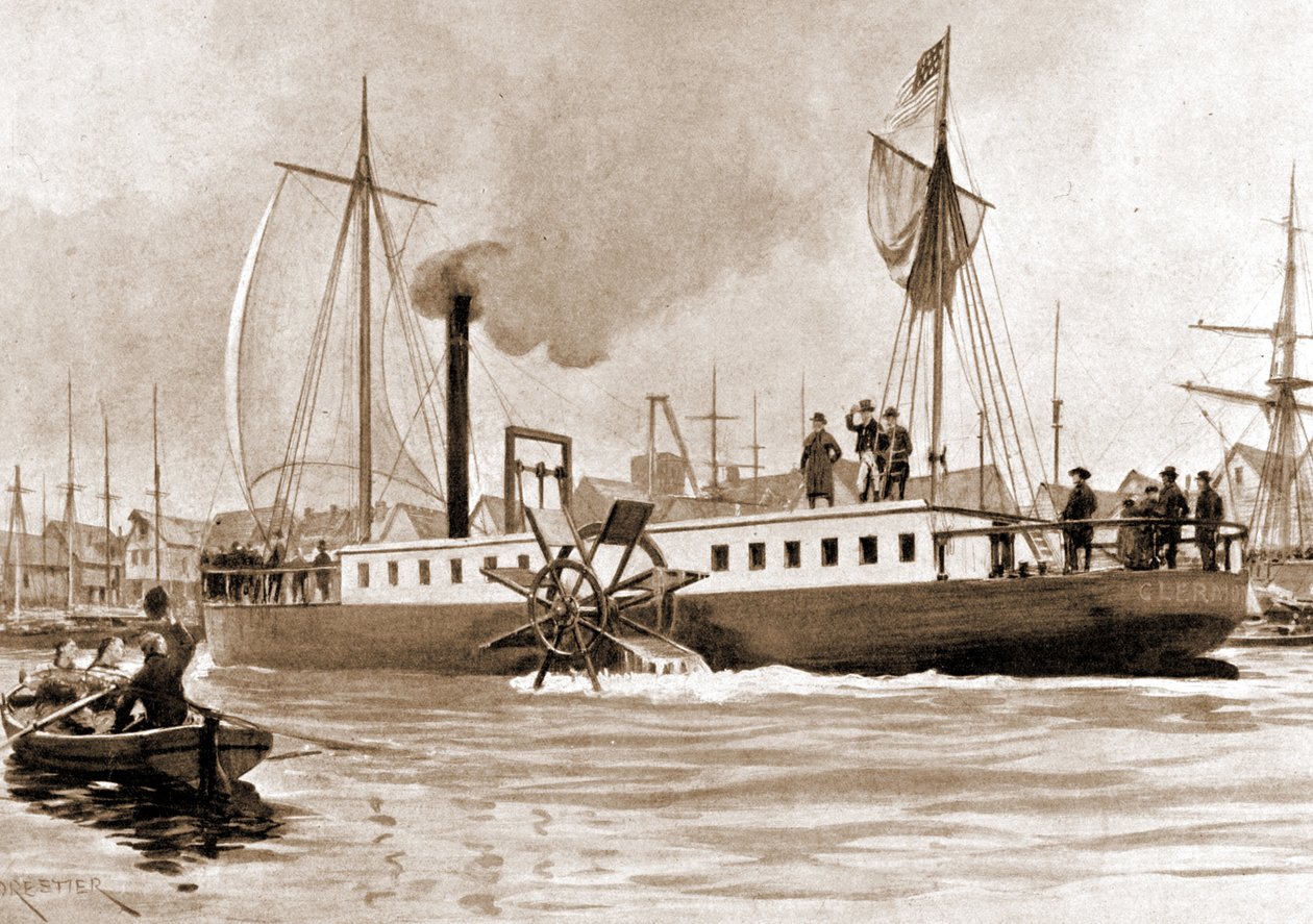 Die Clermont, ein Boot, das 1807 von Robert Fulton (1765 - 1815) gebaut wurde, um die Verbindung New York - Albany auf dem Hudson River bereitzustellen. Gravur 19. Jahrhundert von Unknown artist