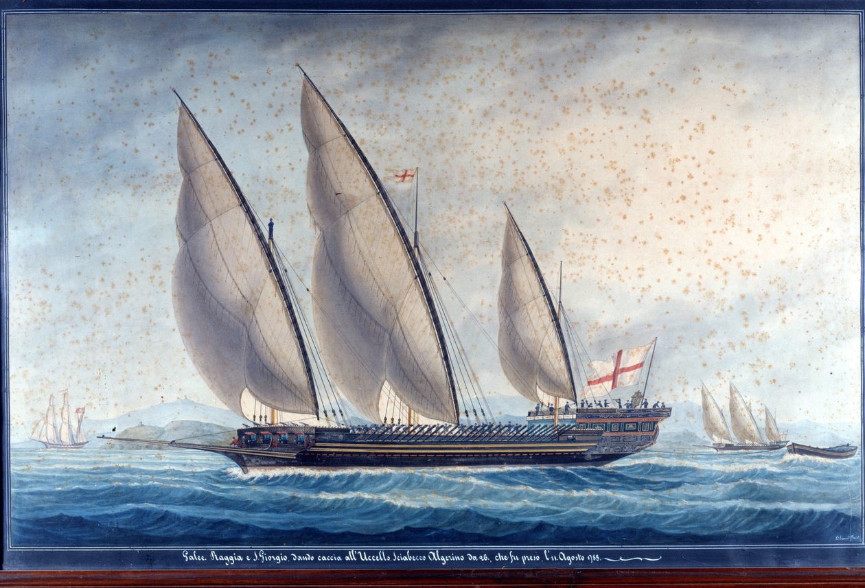 Die genuesischen Galeeren Raggia und San Giorgio verfolgen den algerischen Chebec Uccello. 11. August 1788. Gemälde von Unknown artist