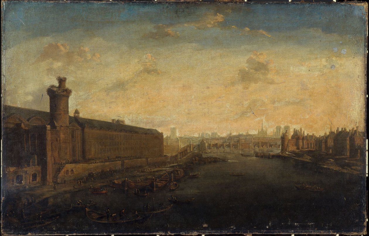 Die Grande Galerie du Louvre, mit der Porte Neuve, Pont-Neuf, Cité, Tour de Nesle und Quai Malaquais, ca. 1640, heutiges 1. und 6. Arrondissement, zwischen 1635 und 1645 von Unknown artist
