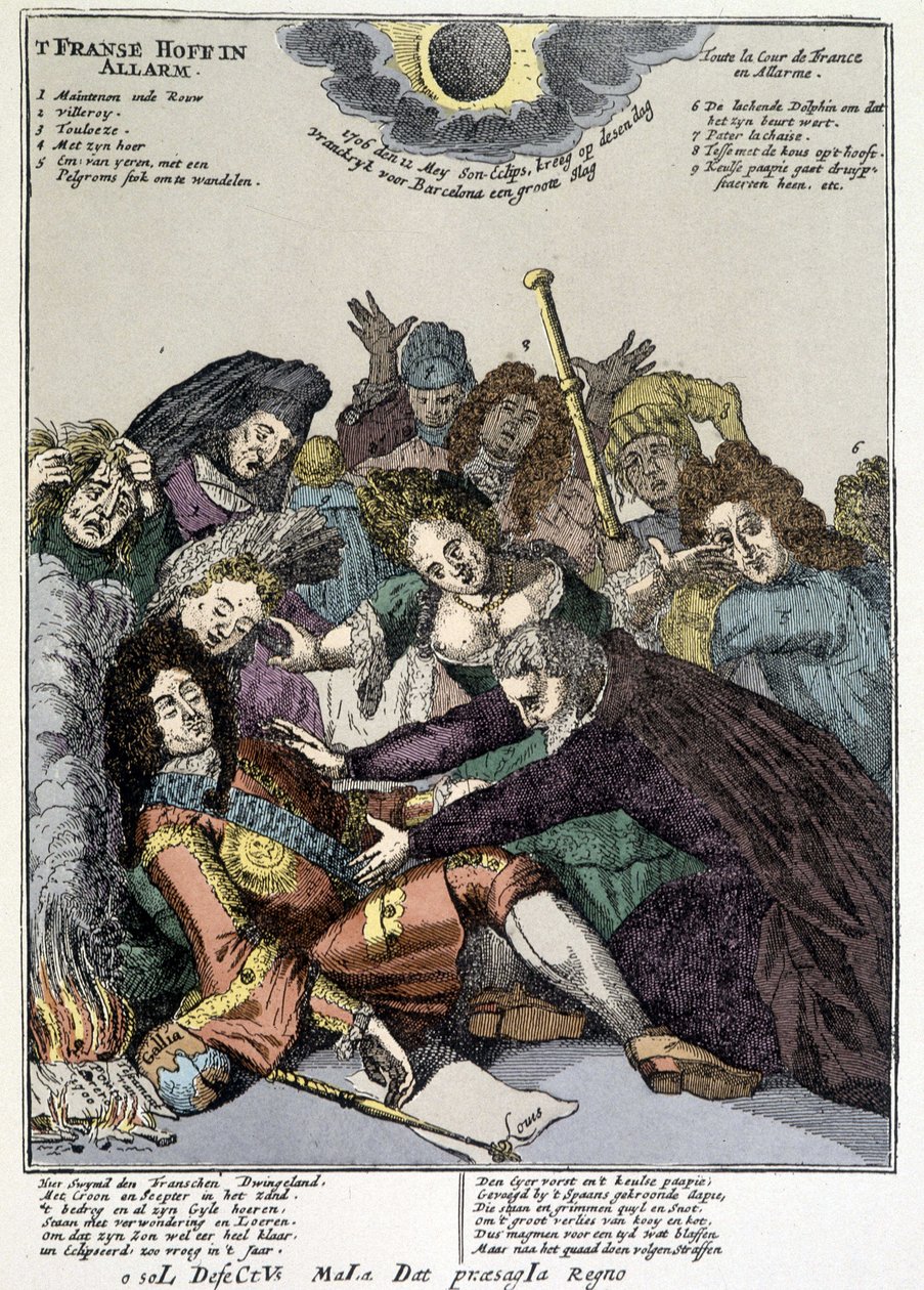 Der König fiel in Ohnmacht und die Höflinge umringen ihn, trauern: Spott über die Revers von Ludwig XIV. in den Niederlanden und Italien im Jahr 1706 von Unknown artist