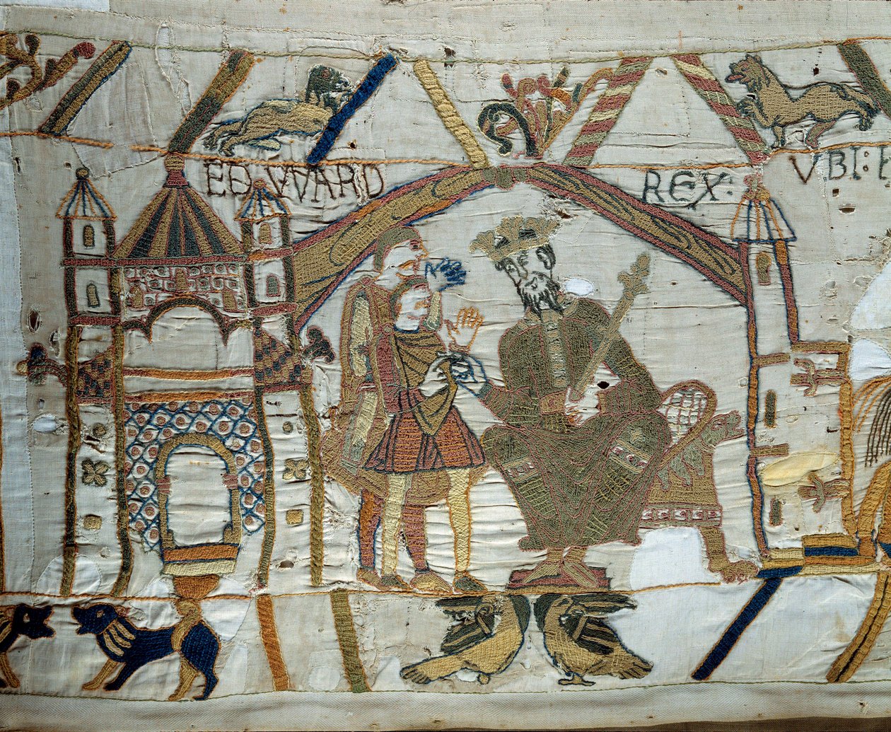 Der König von England Eduard der Bekenner beauftragt Harold, dem Herzog der Normandie Wilhelm dem Eroberer zu bestätigen, dass er sein Nachfolger auf dem Thron von England sein wird (Detail) von Unknown artist