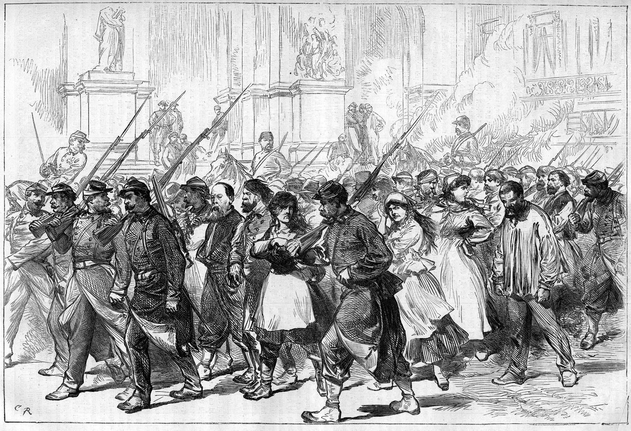 Die Pariser Kommune 1871. Konvoi von gefangenen Föderierten (Kommunarden), der durch die Place de l