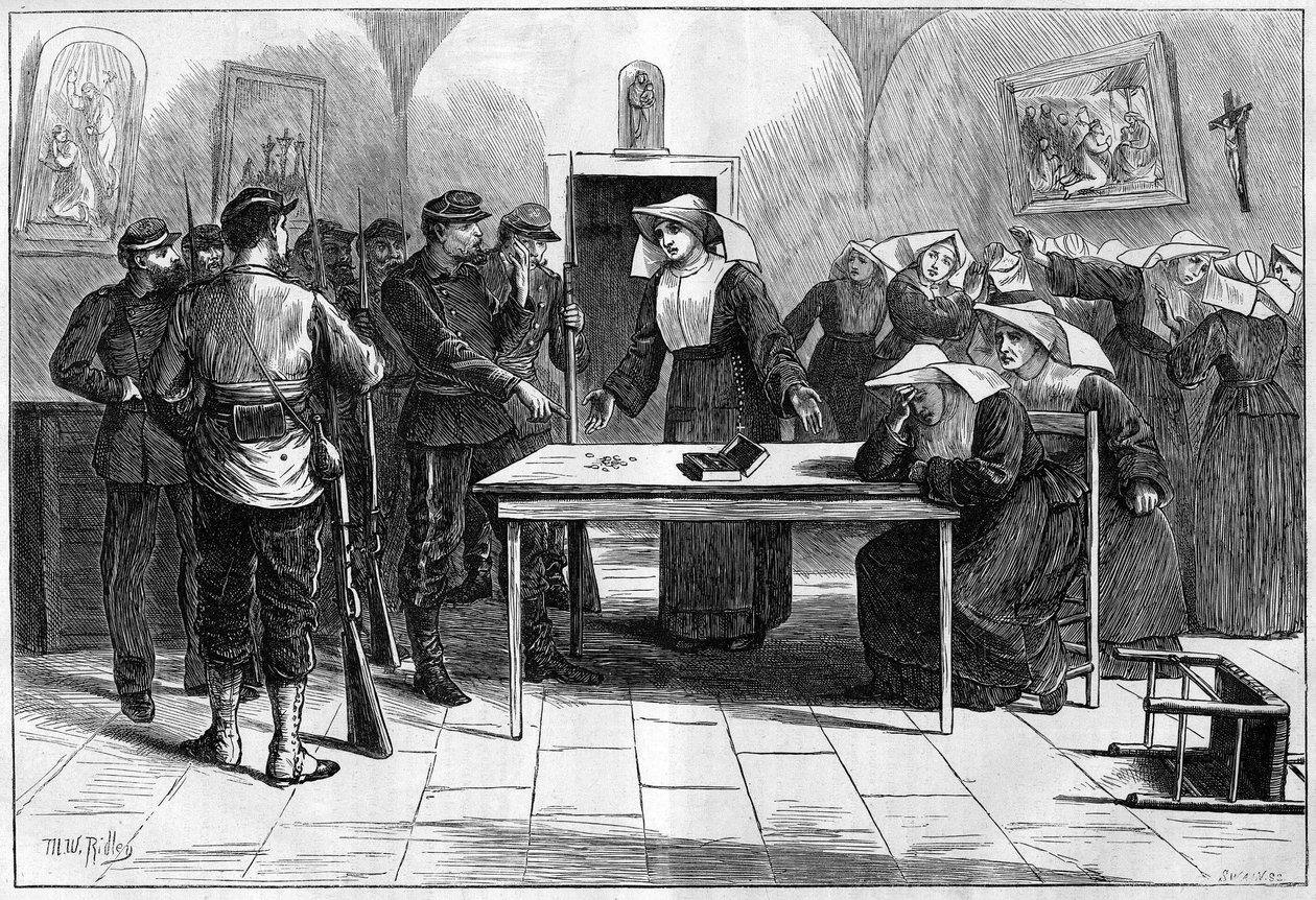 Die Pariser Kommune 1871. Durchsuchung durch die Föderierten (Kommunarden) eines von Nonnen (Kleine Schwestern der Armen) bewohnten Hauses in der Rue de Sèvres. Die Föderierten, nachdem sie das Geld der Nonnen gefunden hatten, legten das Geld zurück in die von Unknown artist