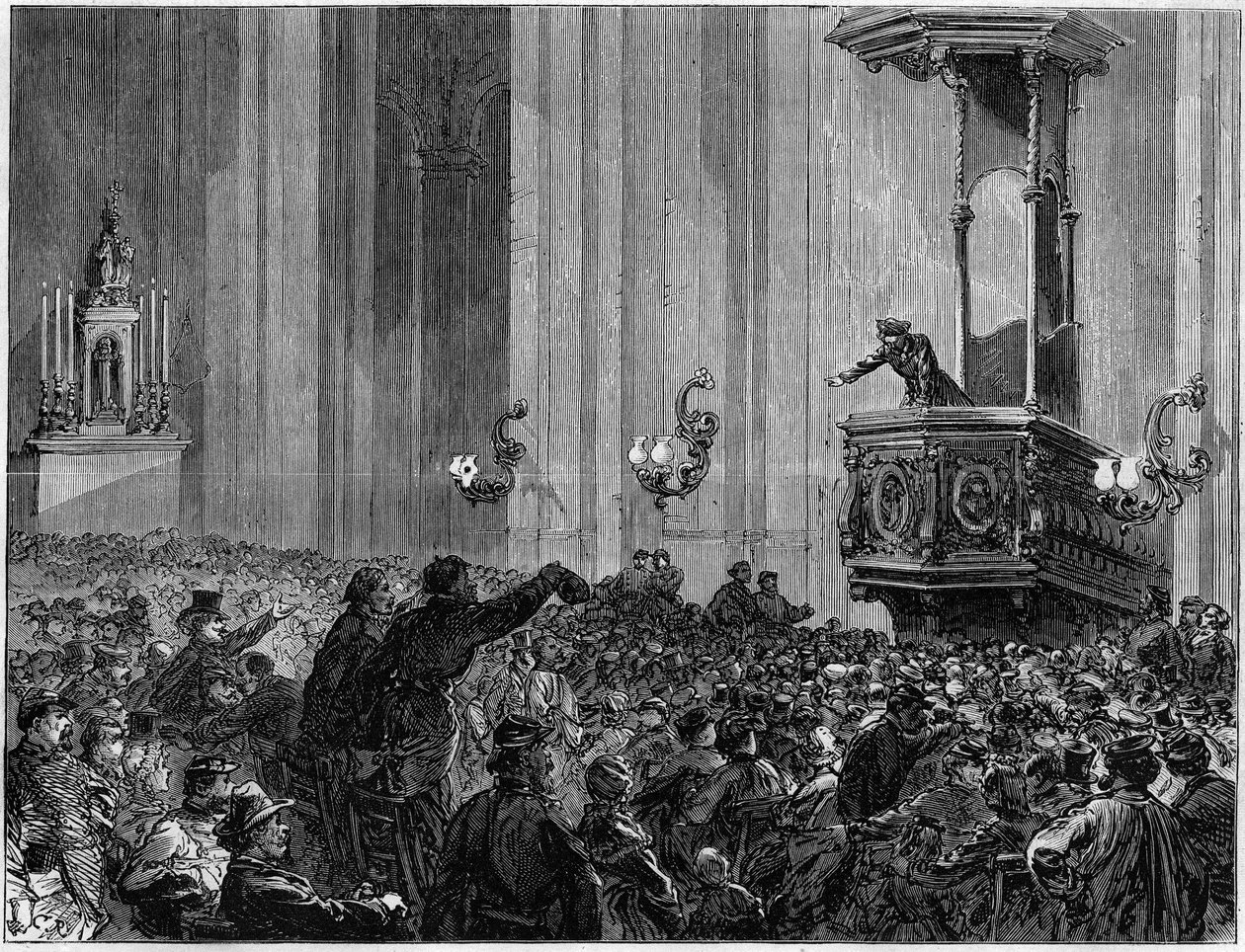 Die Pariser Kommune 1871. St. Eustatius Kirchenclub. Die Kirchen wurden abends von den Föderierten für Versammlungen und Debatten genutzt. Diese Clubs hatten einen dreifachen Zweck: Bildung, Information und Ausdruck. von Unknown artist