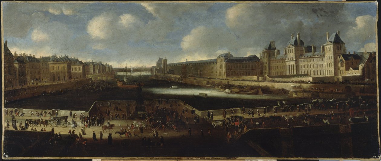 Die Pont-Neuf, gesehen vom Eingang der Place Dauphine, der Quai Malaquais mit dem im Bau befindlichen Collège des Quatre-Nations, die Grande Galerie und der Louvre, um 1665, zwischen 1660 und 1670 von Unknown artist