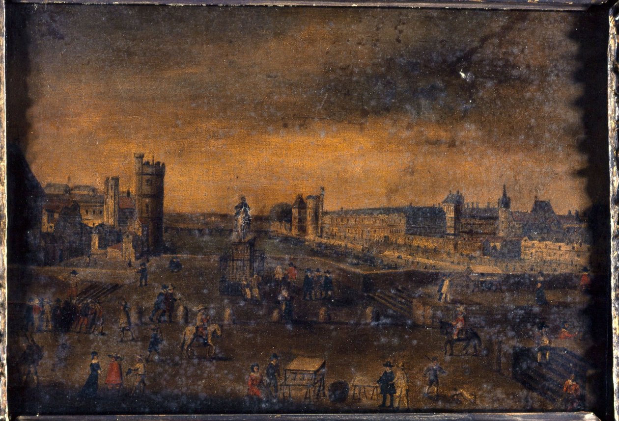 Der Pont-Neuf, gesehen vom Eingang zur Place Dauphine, dem Hôtel de Nevers, dem Tour de Nesle, der Grande Galerie, mit der Porte Neuve und dem Louvre, circa 1640, heutige 1. und 6. Arrondissements, zwischen 1635 und 1645 von Unknown artist