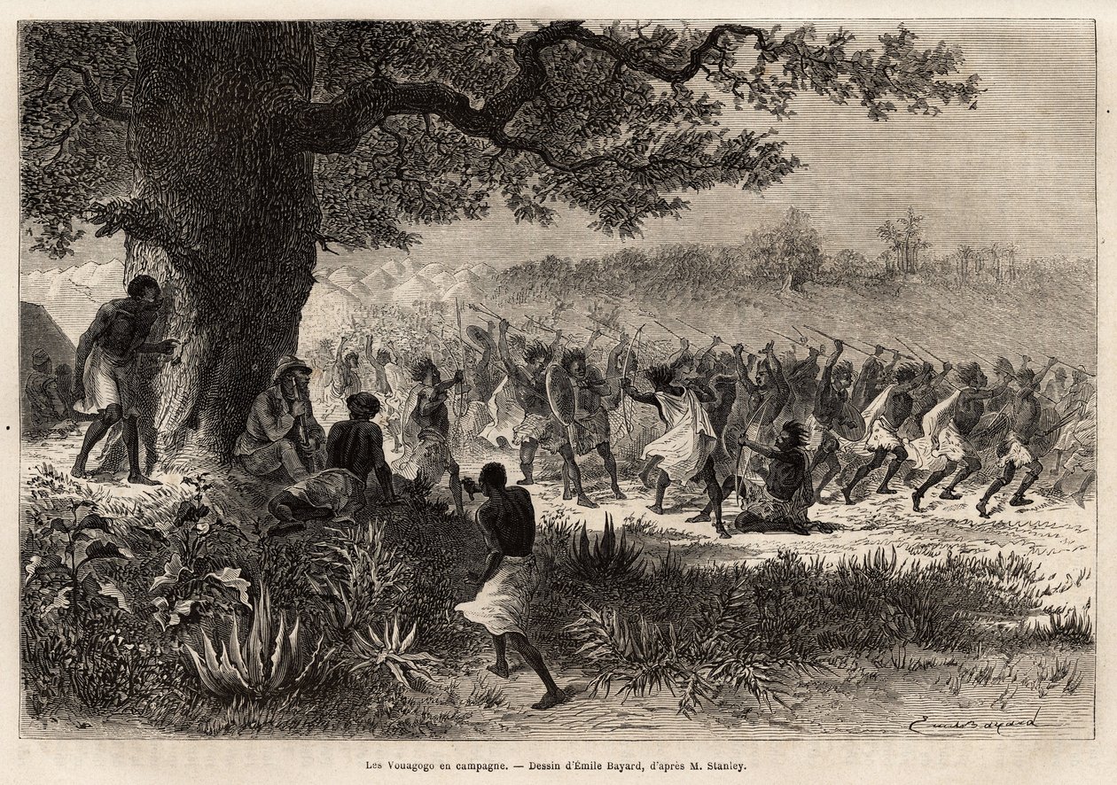 Die Vouagogo (Stamm aus Tansania) in Vorbereitung auf den Krieg, unter dem Baum, der Autor der Geschichte Henry Morton Stanley (1841-1904). Gravur zur Illustration der Reise auf der Suche nach Livingstone, in Zentralafrika, von Henry Stanley, Korrespondent von Unknown artist