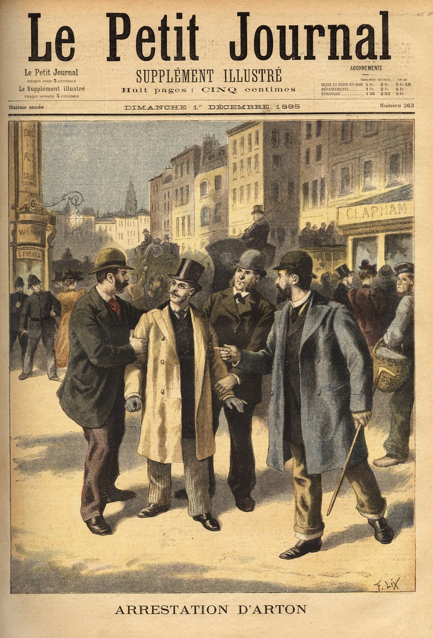 Die Verhaftung von Emile Arton (1859-1905), einem korrupten Makler im Panama-Skandal, der mehrere Jahre auf der Flucht war. Gravur in „Le petit journal“ 1/12/1895. Selvas Sammlung. von Unknown artist