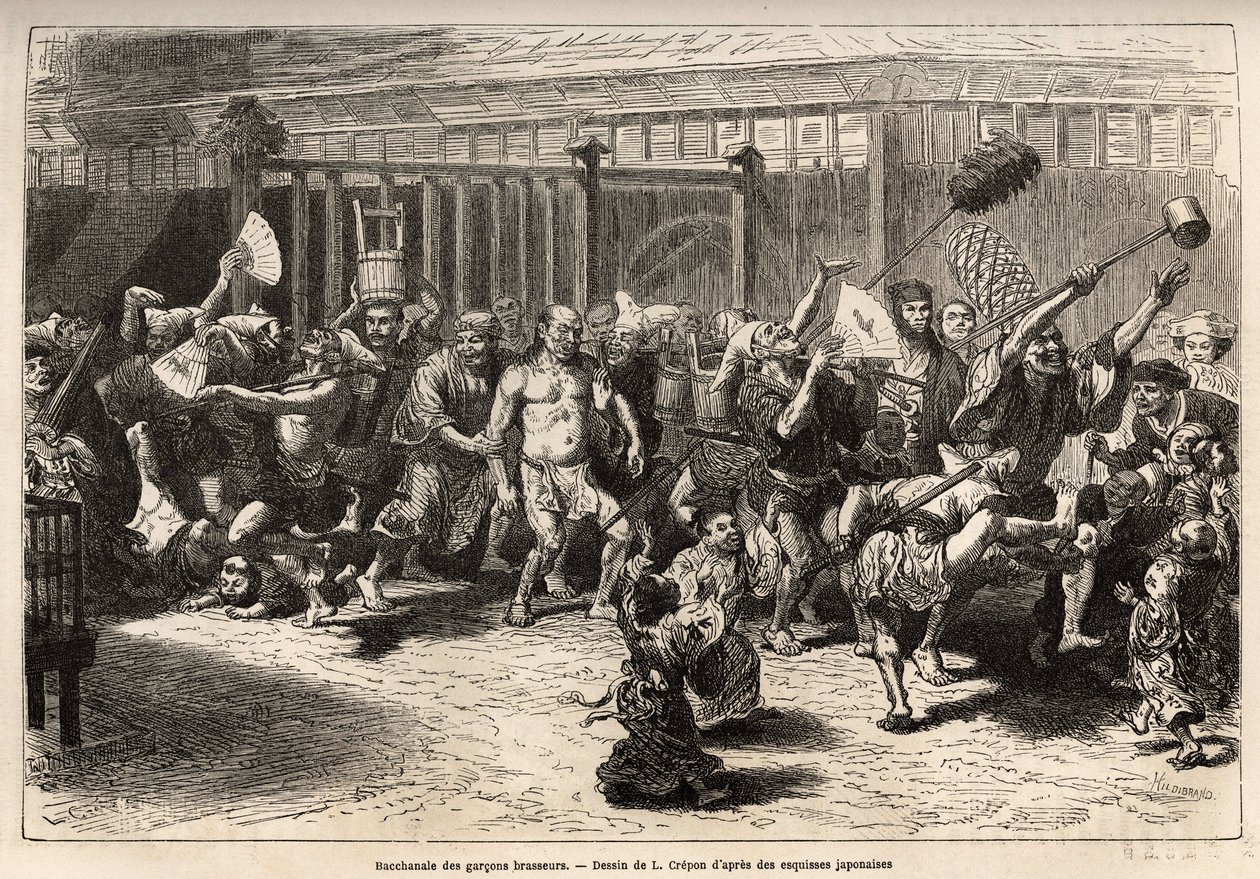 Die Bacchanal der Brauer, an Silvester, nach Erhalt ihres Gehalts und Festen, marschieren sie in einer fröhlichen und lauten Prozession in Edo (heutiges Tokio), ausgestattet mit einem riesigen Sake-Fass und einem langen Staubwedel, um die Decken zu schiebe von Unknown artist