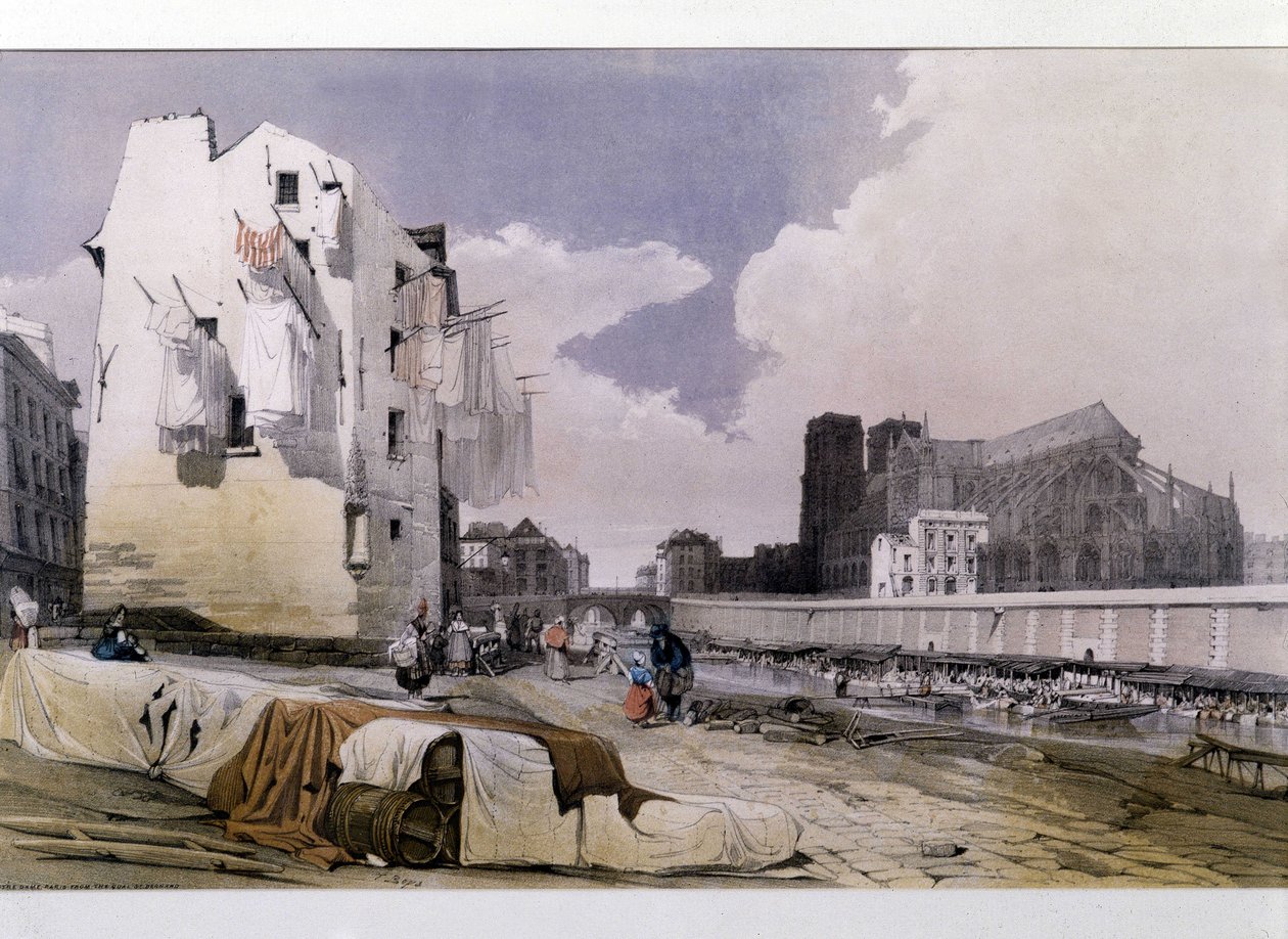 Die Ufer der Seine und Notre Dame de Paris - Lithografie von Unknown artist