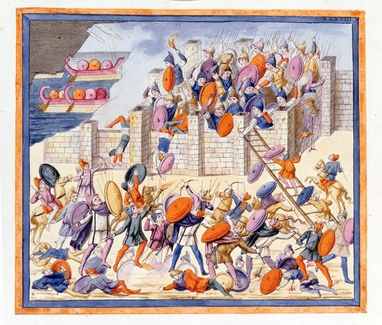 Die Schlacht auf beiden Seiten der von den Griechen errichteten Mauern. Die Ilias, Gesang XII, Gravur aus dem späten 18. Jahrhundert von Unknown artist