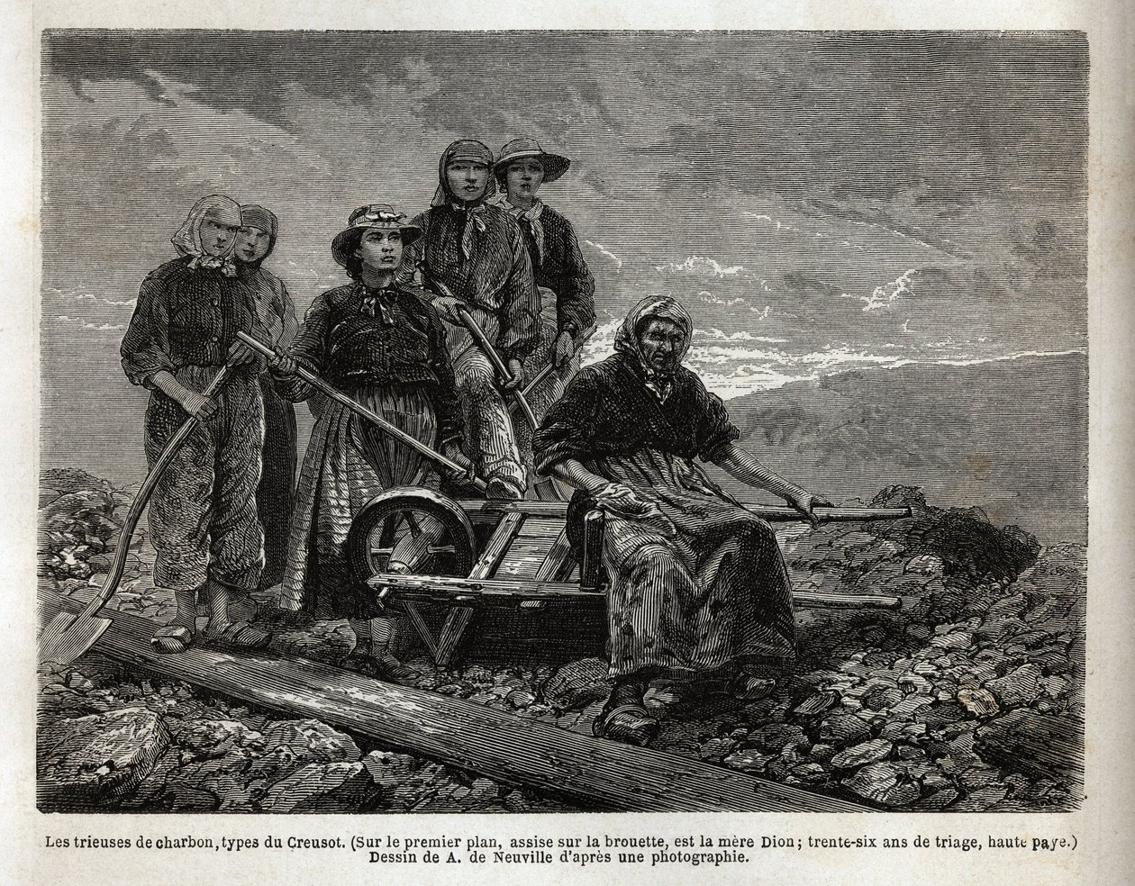 Die Kohlesortierer, Typ von Creusot; im Vordergrund, sitzend auf der Schubkarre, die älteste der Sortierer, die Mutter Dion, 36 Jahre Sortierung. Gravur zur Illustration einer Reise nach Creusot und den Minen von Saône und Loire, 1865, von L. Simonin, in „ von Unknown artist