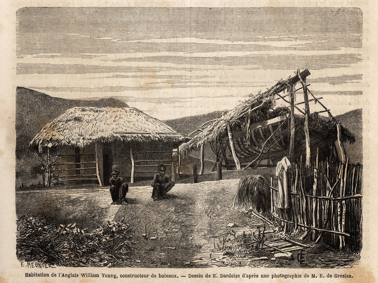 Die Wohnung und Werft eines englischen Bauherrn in Noumea, der indigene Arbeitskräfte einsetzt. Gravur zur Illustration der Reise nach Neukaledonien, von Jules Garnier, 1868 von Unknown artist