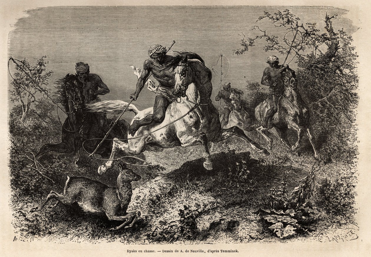 Die Dyaks (Ureinwohner von Borneo) beim Jagen, Reiten und mit Lasso-Waffen. Gravur zur Illustration der Reise im malaiischen Archipel, von Alfred Russell Wallace, veröffentlicht in „Le tour du monde“ 1870-1871, herausgegeben von Edouard Charton, Hachette von Unknown artist