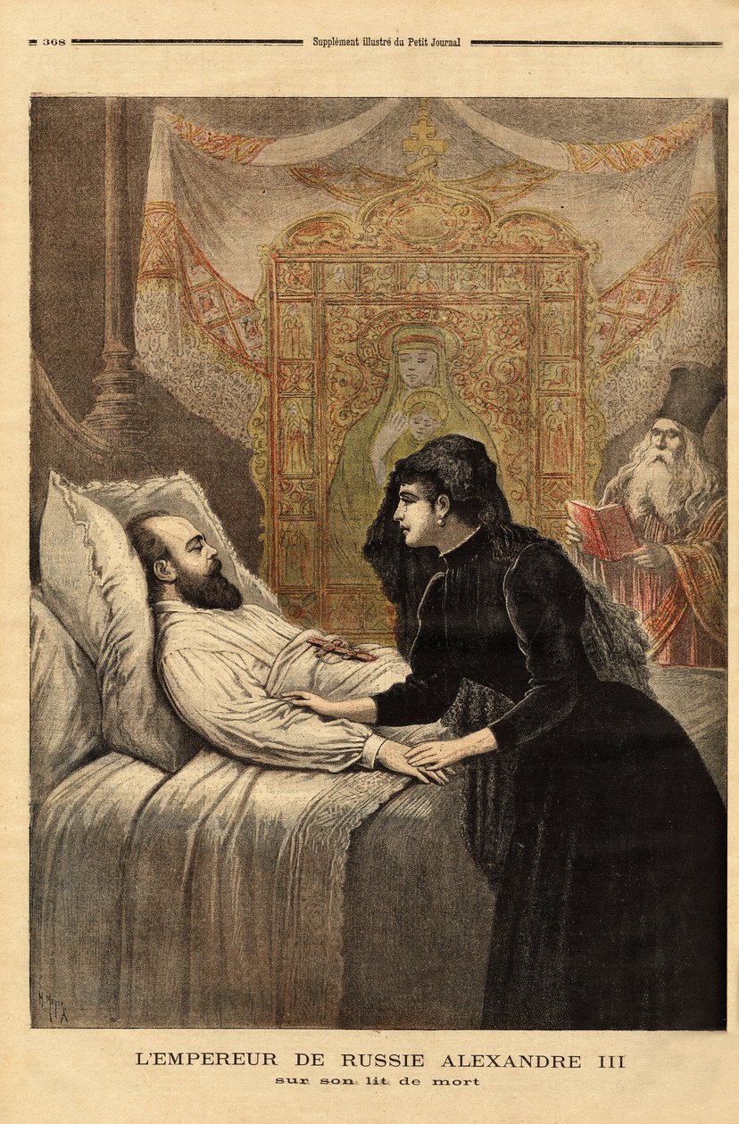 Der Kaiser (Zar) von Russland Alexander III. (1815-1894) auf seinem Sterbebett, von 1881 bis 1894, seine Herrschaft zeigte einen kompromisslosen Autokraten, der eine friedliche Außenpolitik führte und freiwilliger Akteur der Annäherung an Frankreich war. G von Unknown artist