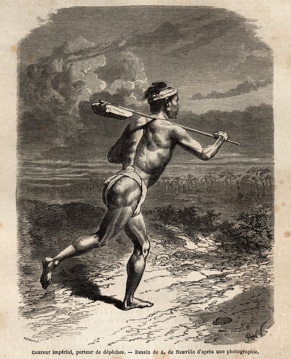 Der kaiserliche Läufer, der die Depeschen des Mikado trägt. Gravur zur Illustration der Reise nach Japan, in den Jahren 1863-1864, von Aime Humbert, Minister der Schweizerischen Eidgenossenschaft, in „Le tour du monde, nouveau journal des voyages“ veröffen von Unknown artist