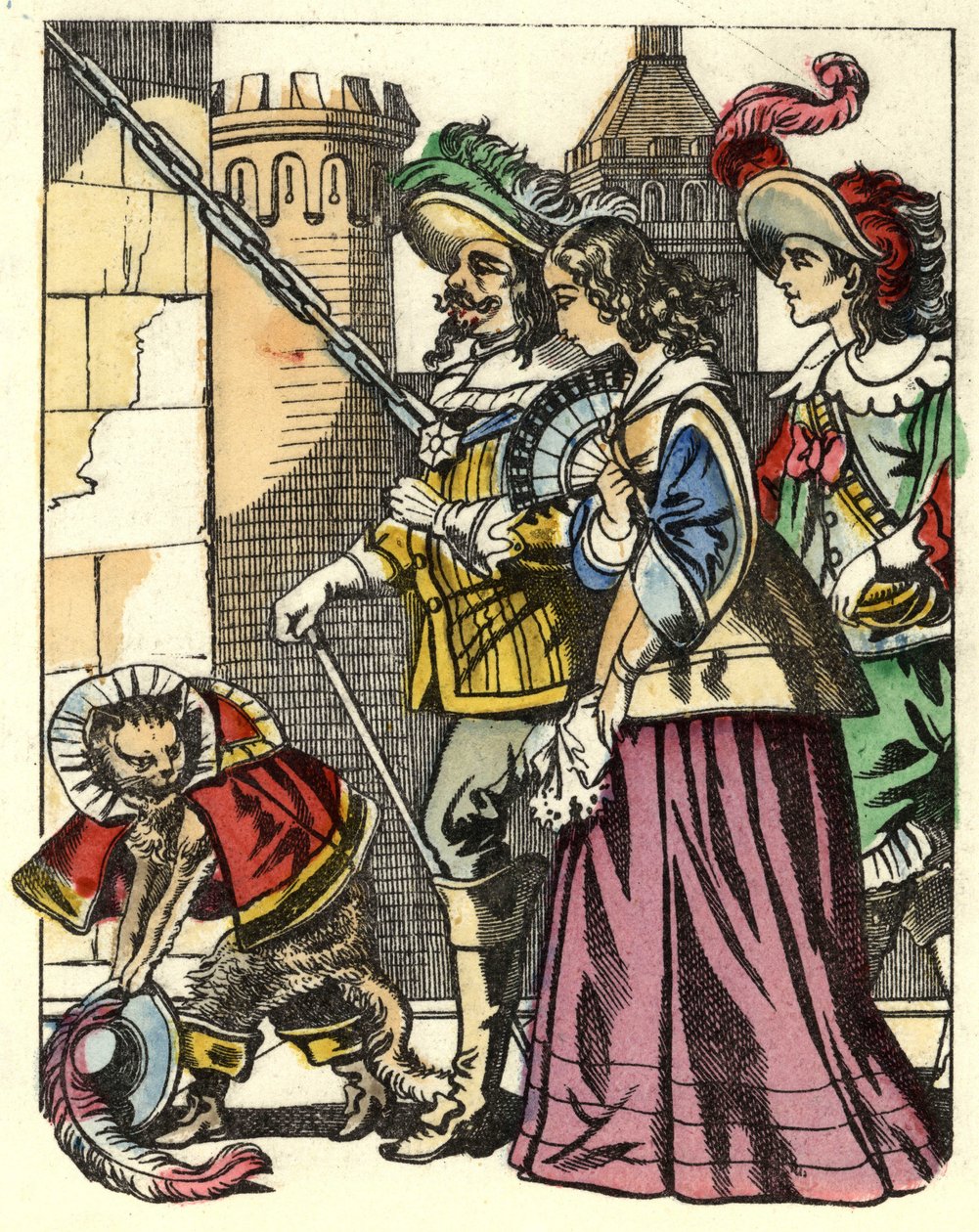 Der König, die Prinzessin und der Marquis von Carabas kommen am Schloss des Ogers an, vor ihnen der gestiefelte Kater. Illustration des Märchens „Der gestiefelte Kater“ von Charles Perrault von Unknown artist