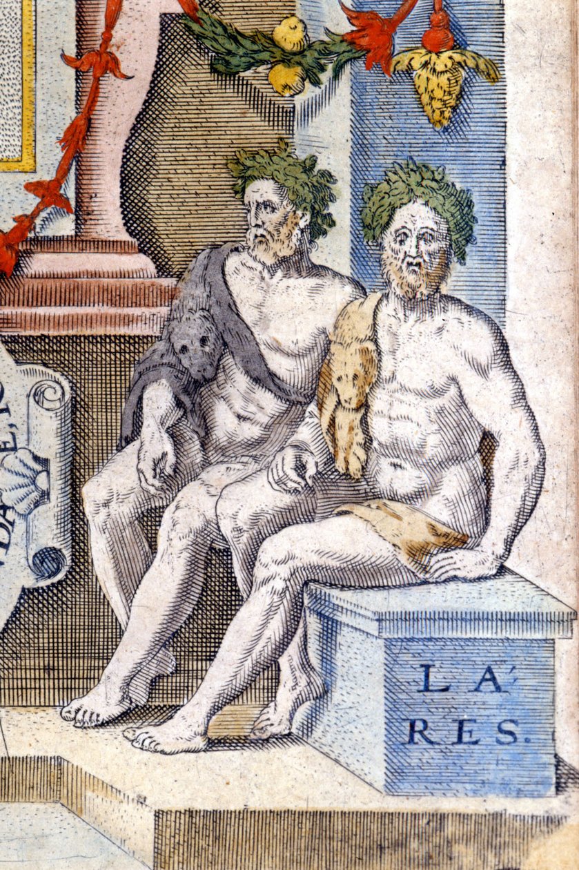Die Lares-Götter: Sie schützen das Haus und seine Bewohner (sie sind die Geister der Vorfahren). Gravur des 16. Jahrhunderts von Unknown artist
