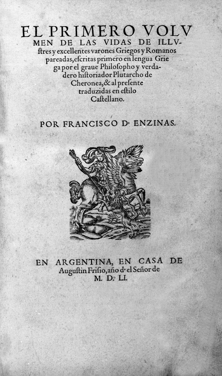 Das Leben berühmter Männer. Frontispiz des Buches von Plutarch di Cheronee, auch „Parallele Leben“ genannt. Argentinische Ausgabe von Unknown artist