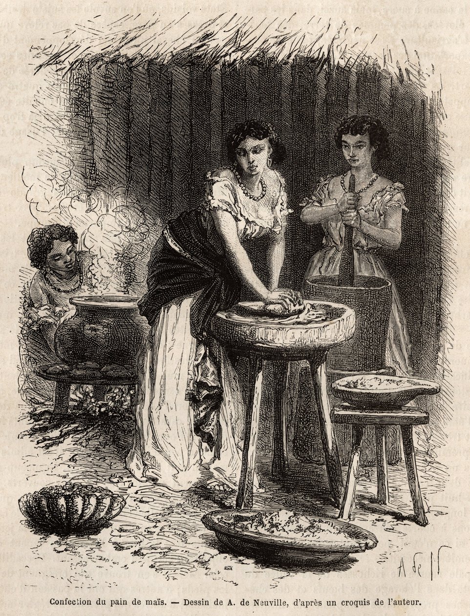 Die Herstellung von Maisbrot, der Grundlage der Nahrung, durch Frauen des Großen Cauca-Tals (Kolumbien). Gravur zur Illustration der Reise nach Neu-Granada, von Dr. Saffray, 1869, veröffentlicht in „Le tour du monde“ 1873, herausgegeben von Edouard Charton von Unknown artist