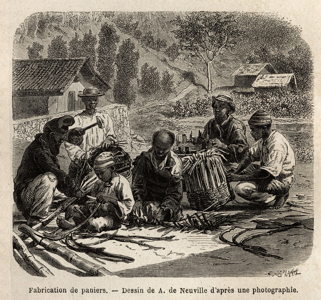 Die Herstellung von Palmblattkörben zur Kaffeebereitung. Gravur zur Illustration der Reise nach Brasilien, Geschichte von M. und Mme Agassiz, 1865-1866, veröffentlicht in „Le tour du monde, nouveau journal des voyages“, unter der Leitung von Edouard Charto von Unknown artist
