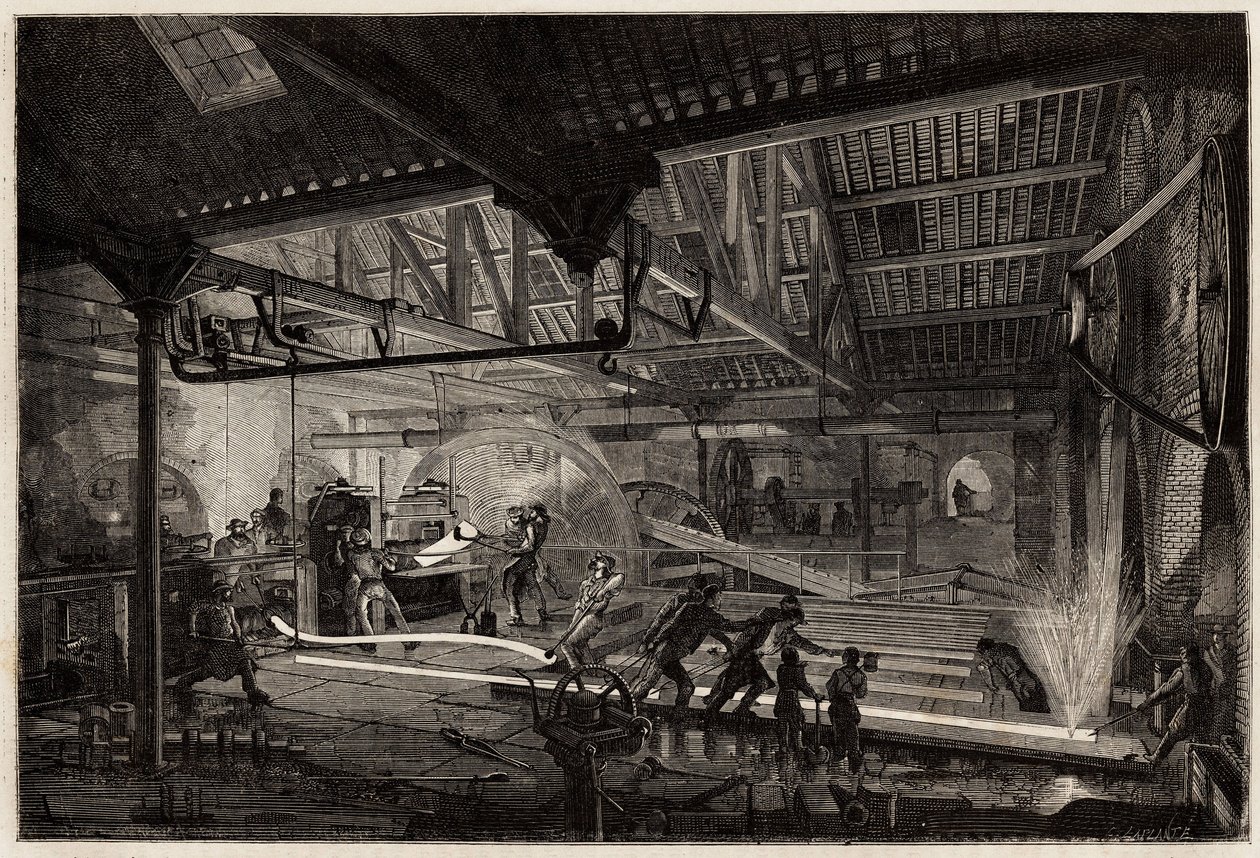 Die Herstellung der Schienen in den alten Schmieden von Le Creusot, die Stahlstreifen, weiß vor Hitze, werden zwischen den Walzwerken zu Schienen gestreckt. Gravur zur Illustration einer Reise nach Le Creusot und den Minen von Saone und Loire, 1865, von L. von Unknown artist
