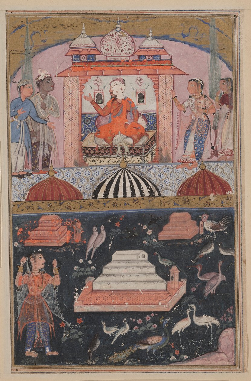 Der Kaufmann hört von der Untreue seiner Frau (oben); die untreue Frau tut Buße, indem sie sich die Haare ausreißt (unten), aus einem Tuti-nama (Geschichten eines Papageis): Erste Nacht von Unknown artist