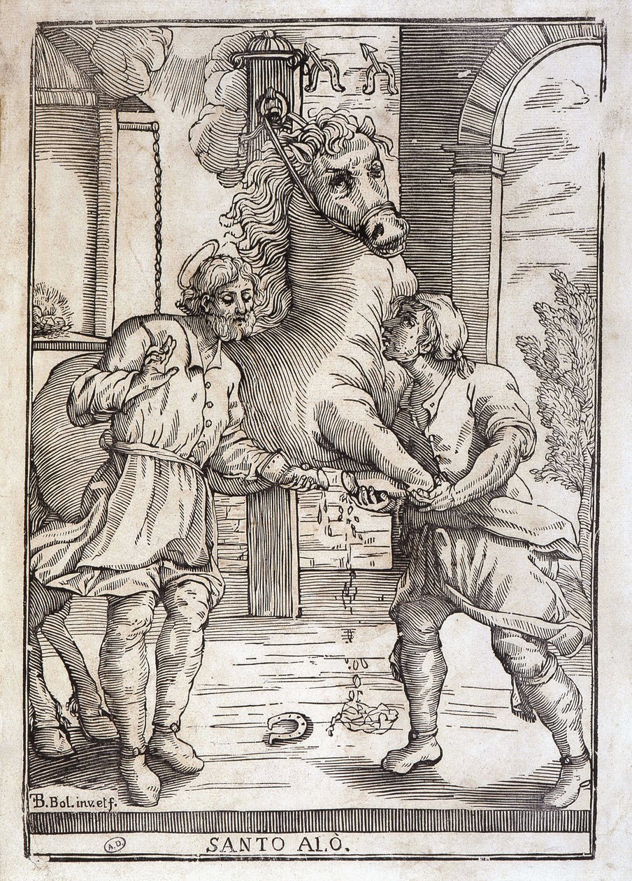 Das Wunder des heiligen Eloi (Heilung eines amputierten Pferdes) - Gravur. von Unknown artist