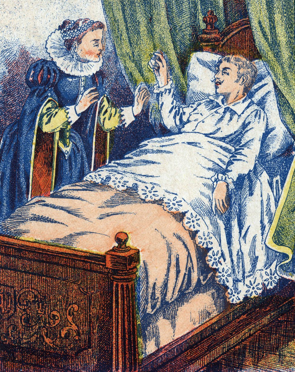 Der Prinz zeigt den Ring seiner Mutter. Anonyme Illustration für „Eselshaut“, Märchen von Charles Perrault (1628-1703), französischer Schriftsteller. Bild von Marcel Vagne, Jarville Nancy, undatiert (spätes 19. Jahrhundert) von Unknown artist
