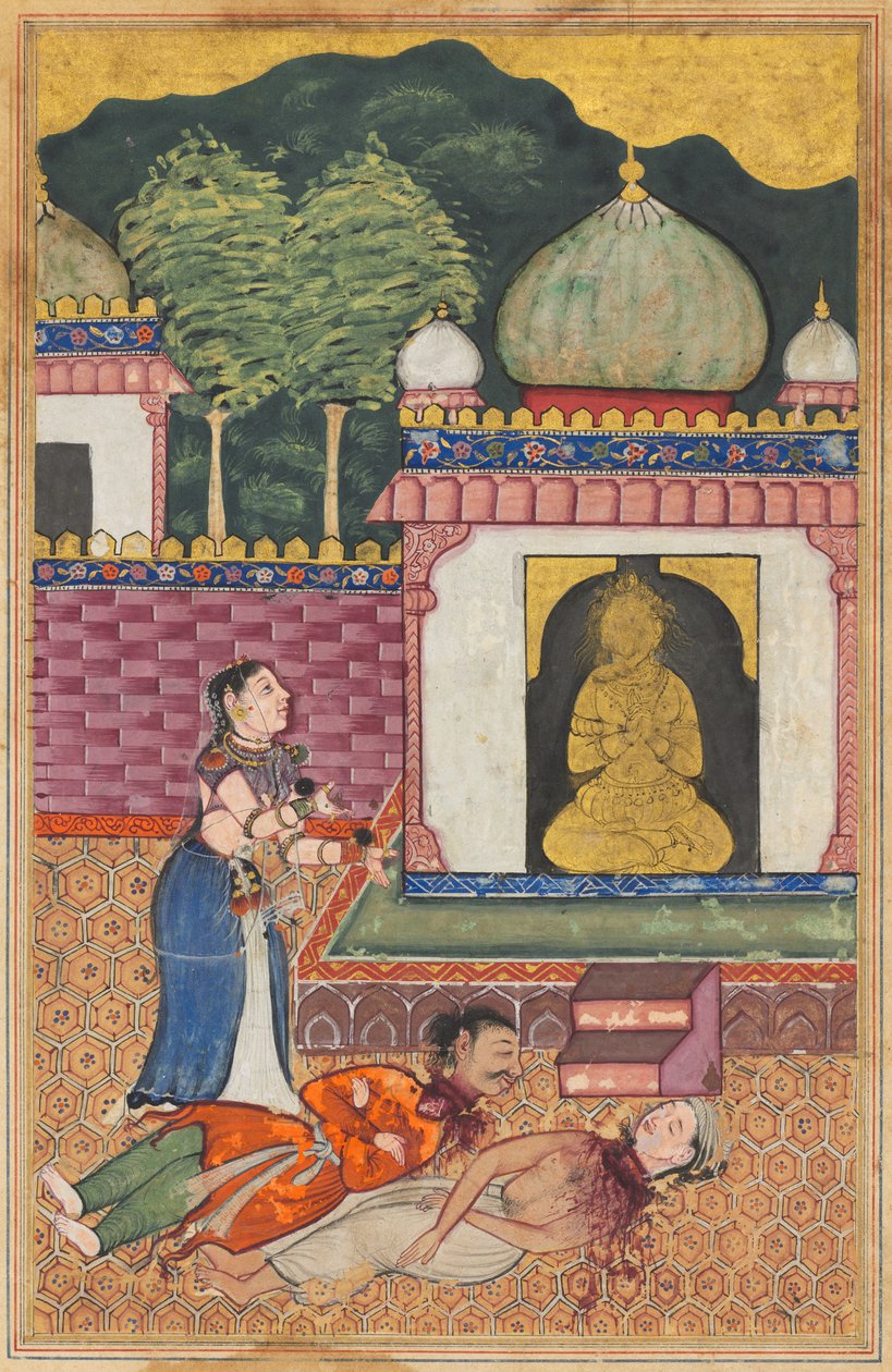 Die Prinzessin entdeckt die Leichen ihres Ehemanns und seines Brahmanenfreundes mit abgetrennten Köpfen, aus einem Tuti-nama (Geschichten eines Papageis): Vierunddreißigste Nacht von Unknown artist