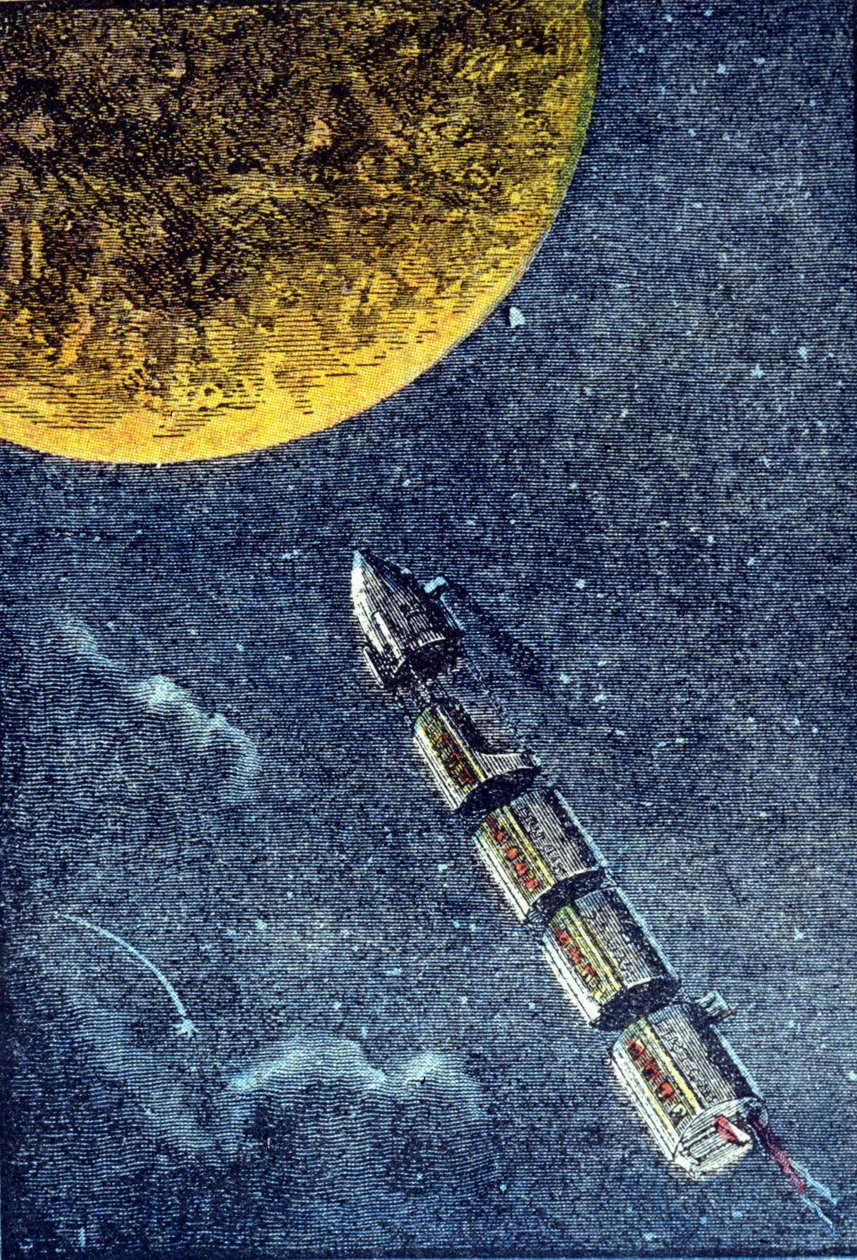Die Rakete, die in den Weltraum gestartet wurde und den Mond erreicht - Gravur in „Von der Erde zum Mond“ von Jules Verne von Unknown artist