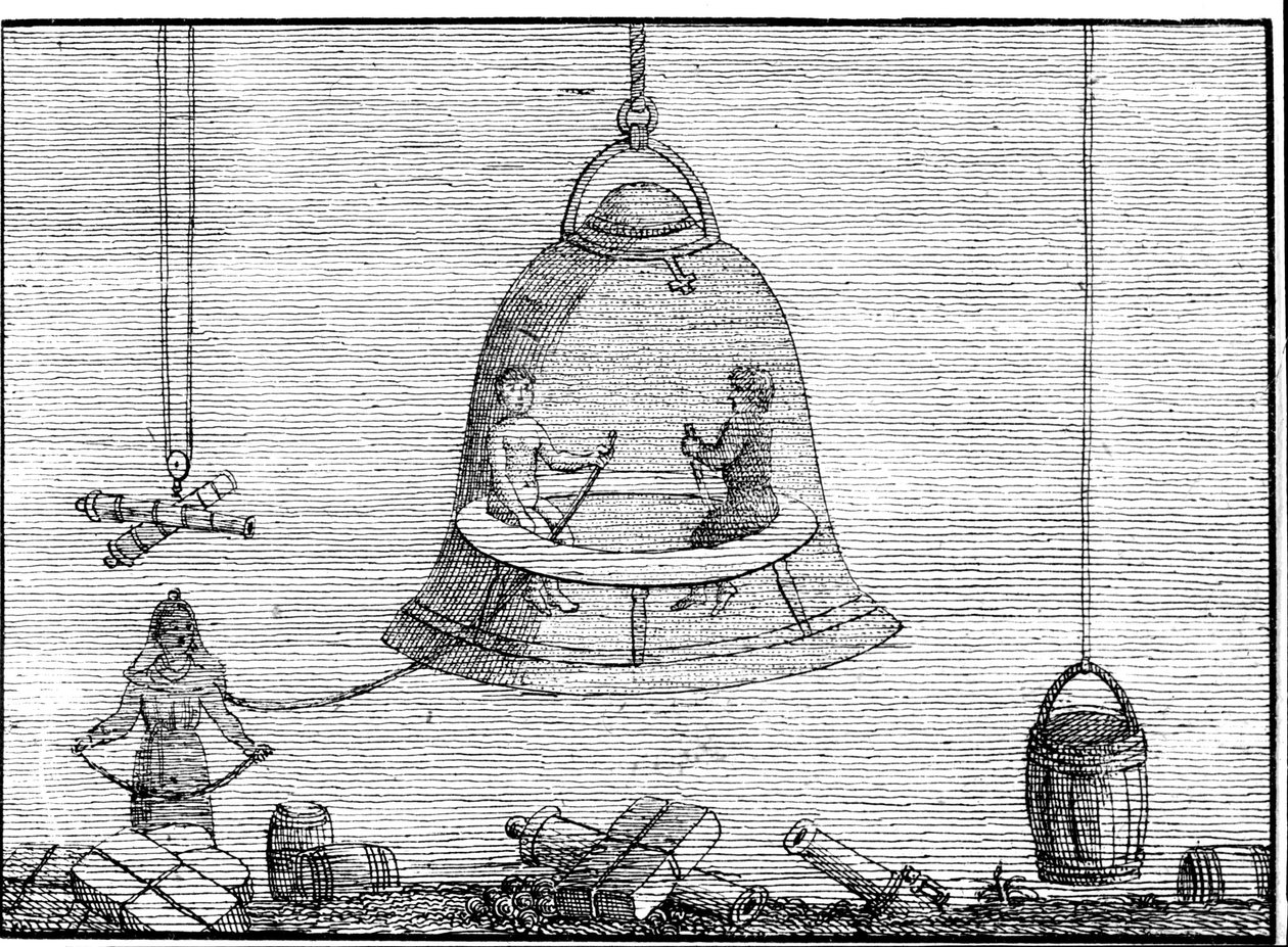 Die kleine Glocke auf den Schultern des Mannes links (der Luft von der größeren Glocke erhält) kann als Vorläufer des Helms eines Anzugs betrachtet werden. Sd. Gravur aus dem 17. oder 18. Jahrhundert. von Unknown artist