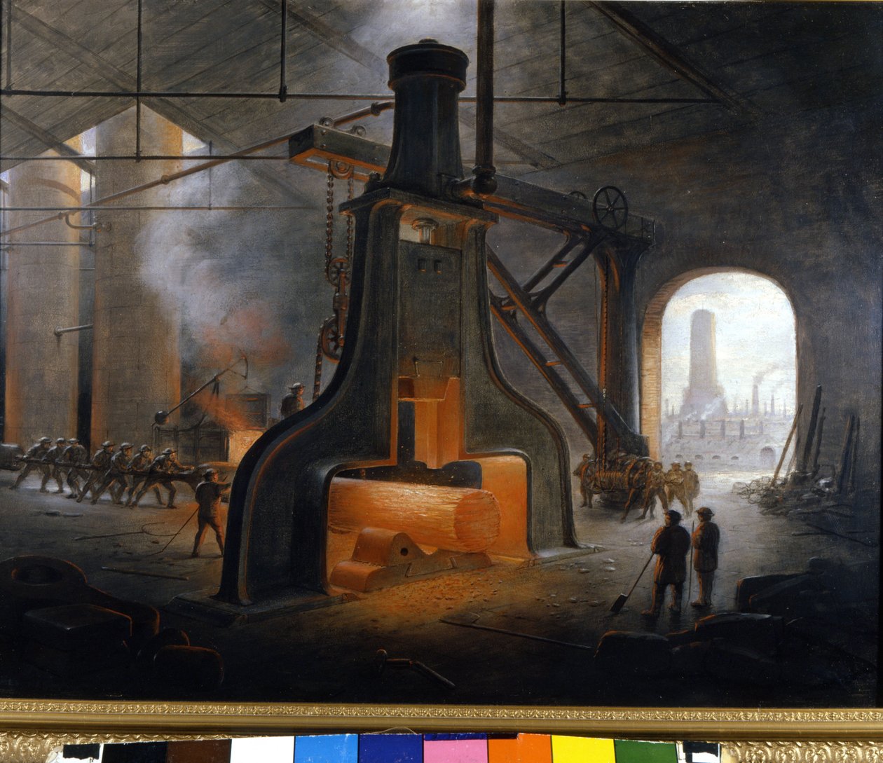Der Dampfhämmer (Schlaghammer), erfunden von J. Nasmyth, in Aktion in Metallurgieanlagen in Manchester. Anonymes Gemälde von Unknown artist