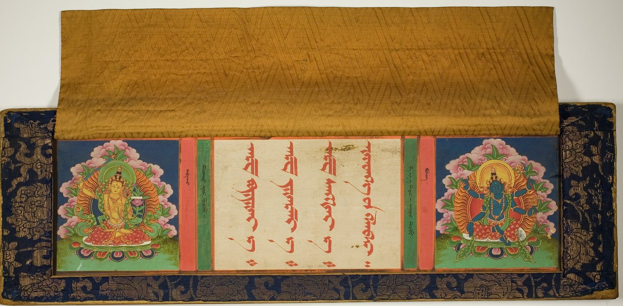Titelseite und Vorderdeckel eines buddhistischen Manuskripts mit Manjusri (links) und Mantramanudharani, einer Pancharaksha-Göttin (rechts) von Unknown artist