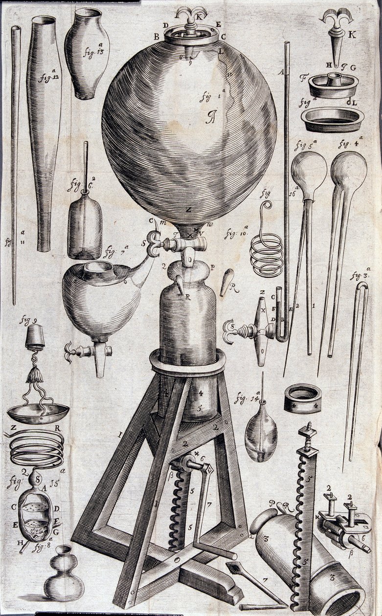 Werkzeuge für wissenschaftliche Experimente - in „Nova experimenta physico-mechanica de vi aeris elastica, et ejusdem effectibus, facta maximam partem in nova machina pneumatica“ von Robert Boyle von Unknown artist