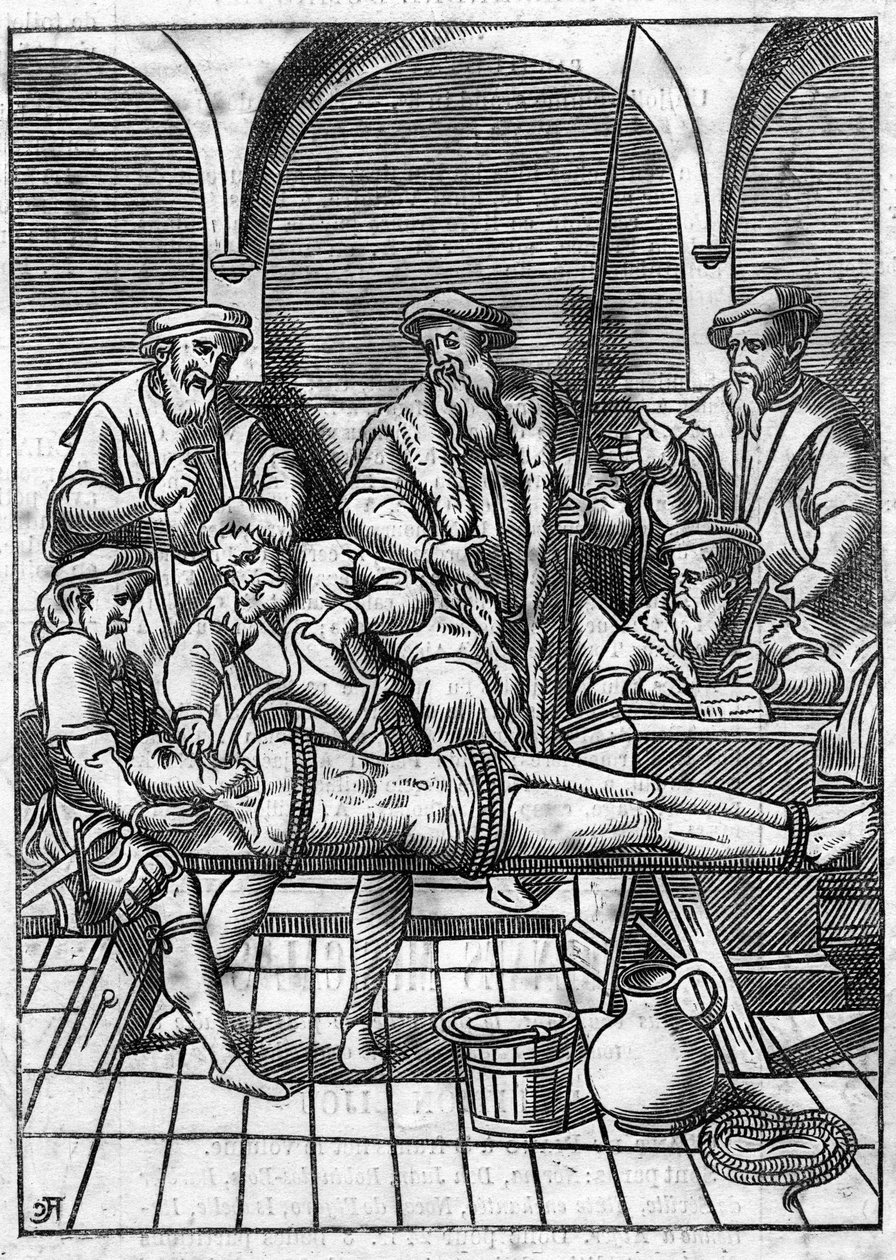 Folter im Mittelalter: die Wasserfrage. Mit Schnüren gebunden, wird Wasser auf ein Tuch gegossen, das in den Rachen gedrückt wird. Gravur des 18. Jahrhunderts nach einer Gravur des Mittelalters von Unknown artist