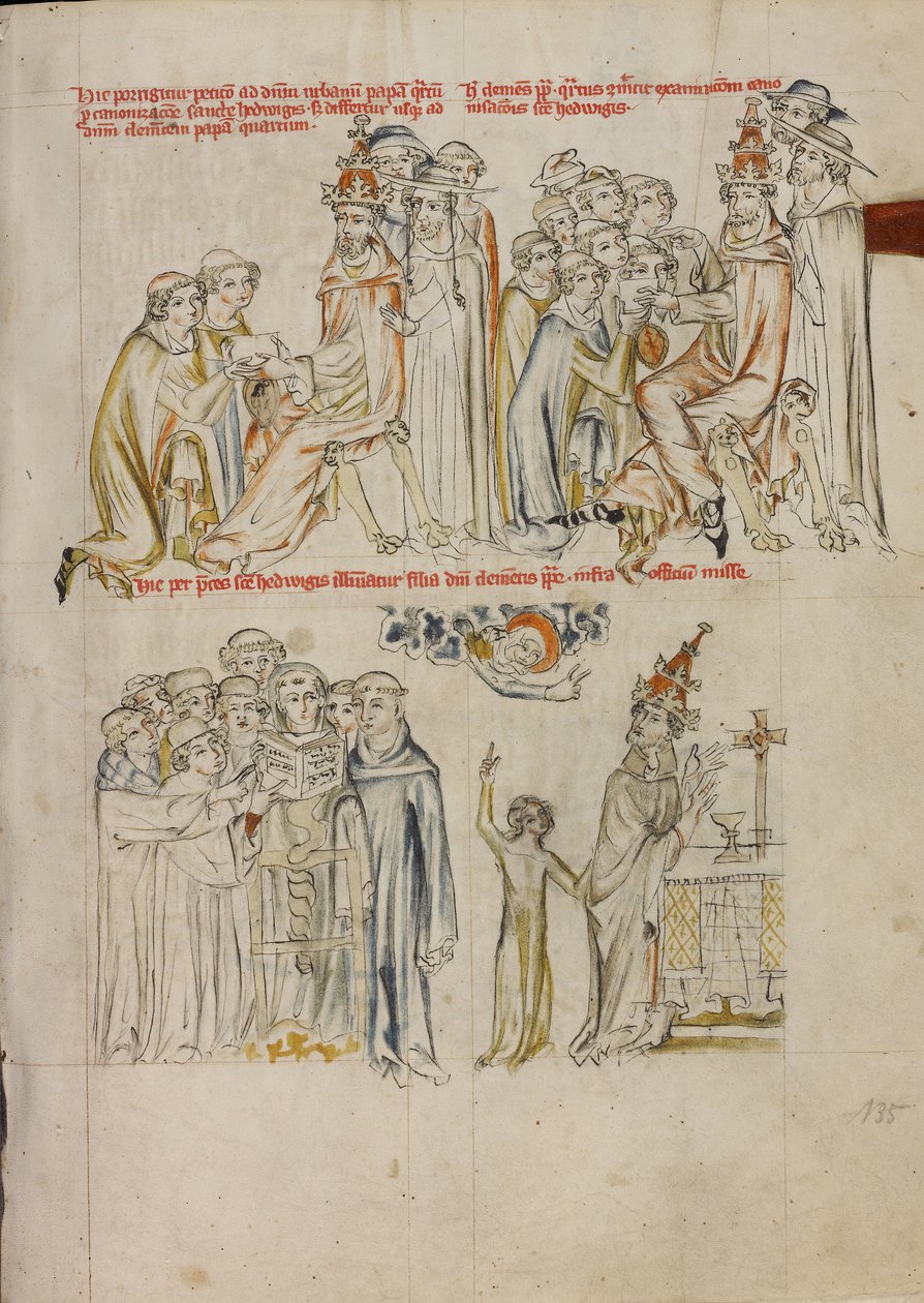 Zwei Kleriker bitten um die Heiligsprechung der Heiligen Hedwig vor Papst Urban IV; Papst Clemens bittet die Heilige Hedwig um Fürsprache zur Heilung seiner blinden Tochter von Unknown artist