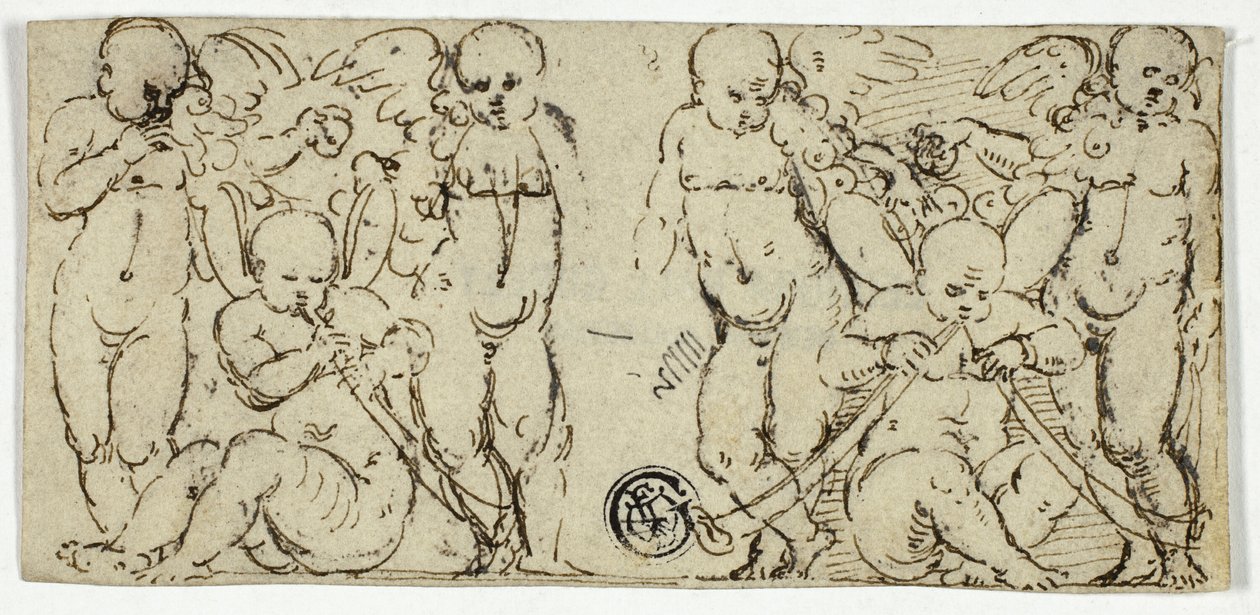Zwei dekorative Gruppen von Putti mit Trompeten und Früchten von Unknown artist