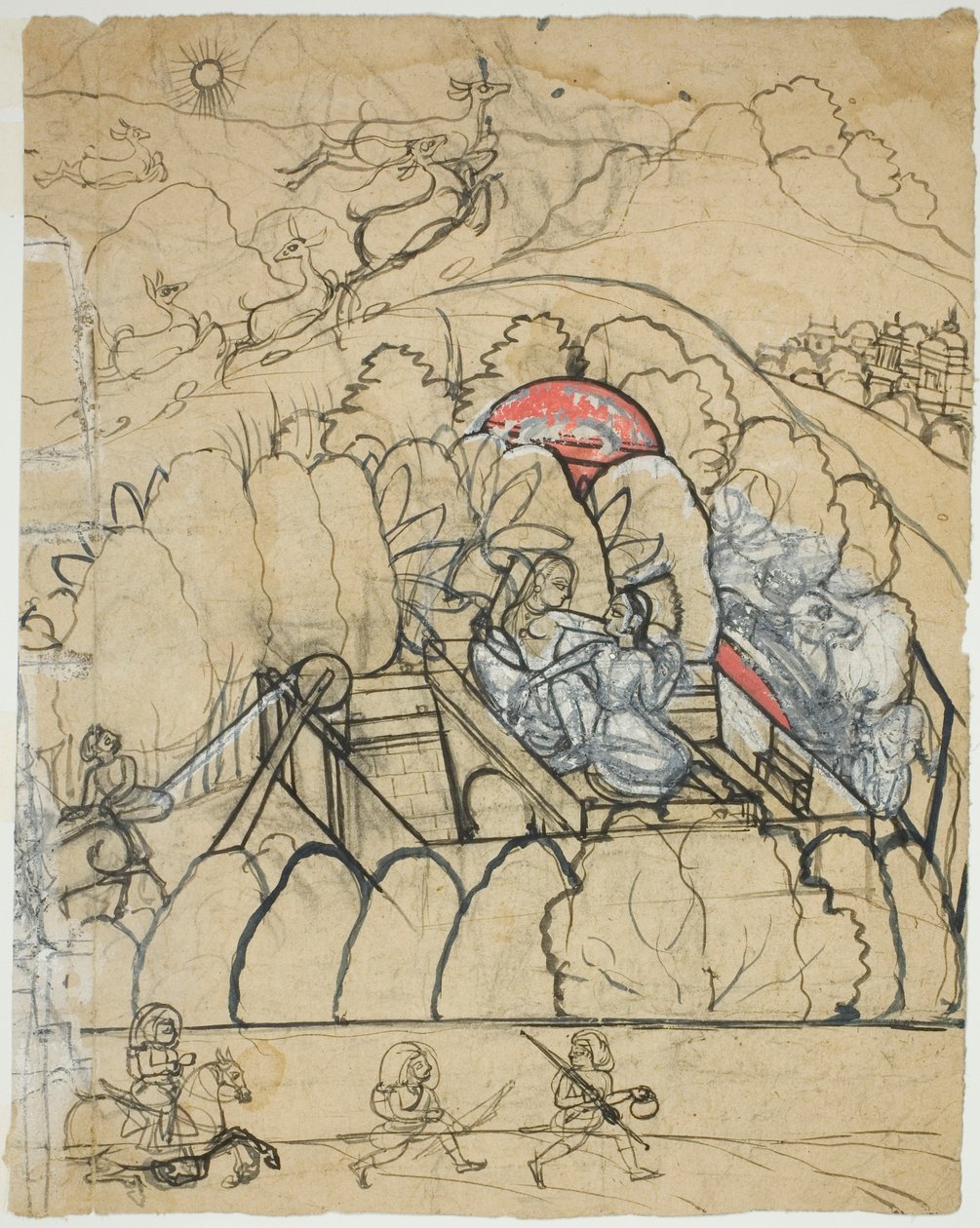 Zwei Damen unterhalten sich an einem Stufenbrunnen (Baoli) in einem ummauerten Garten von Unknown artist