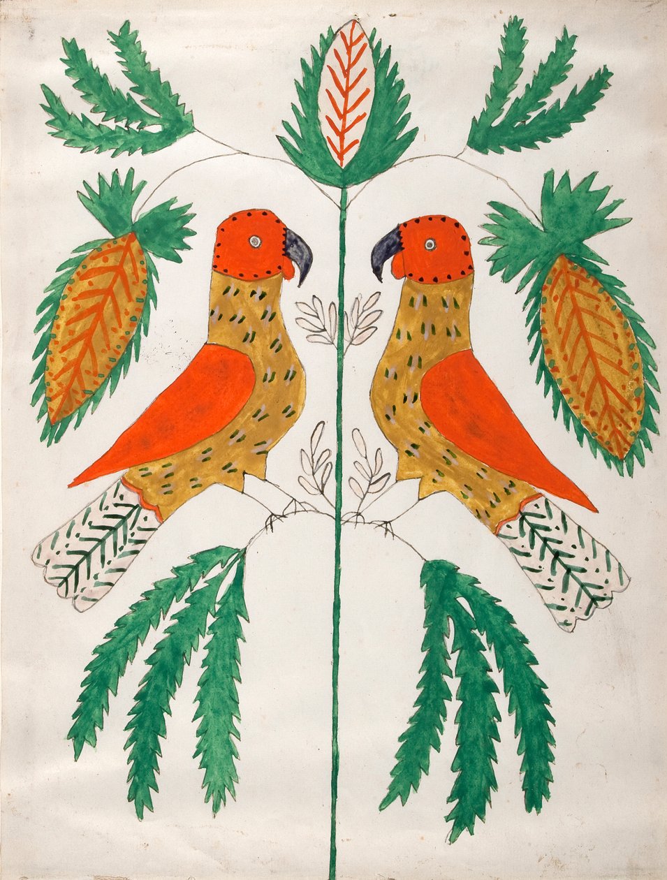 Zwei rote und gelbe Papageien, die sich gegenüberstehen (Grüne Blätter) von Unknown artist