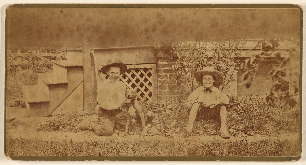 [Zwei Jungen mit einem Hund auf dem Boden sitzend] von Unknown artist