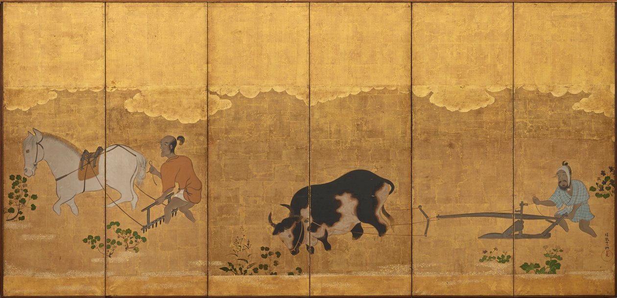 Zwei Bauern pflügen und eggen ein Reisfeld von Unknown artist