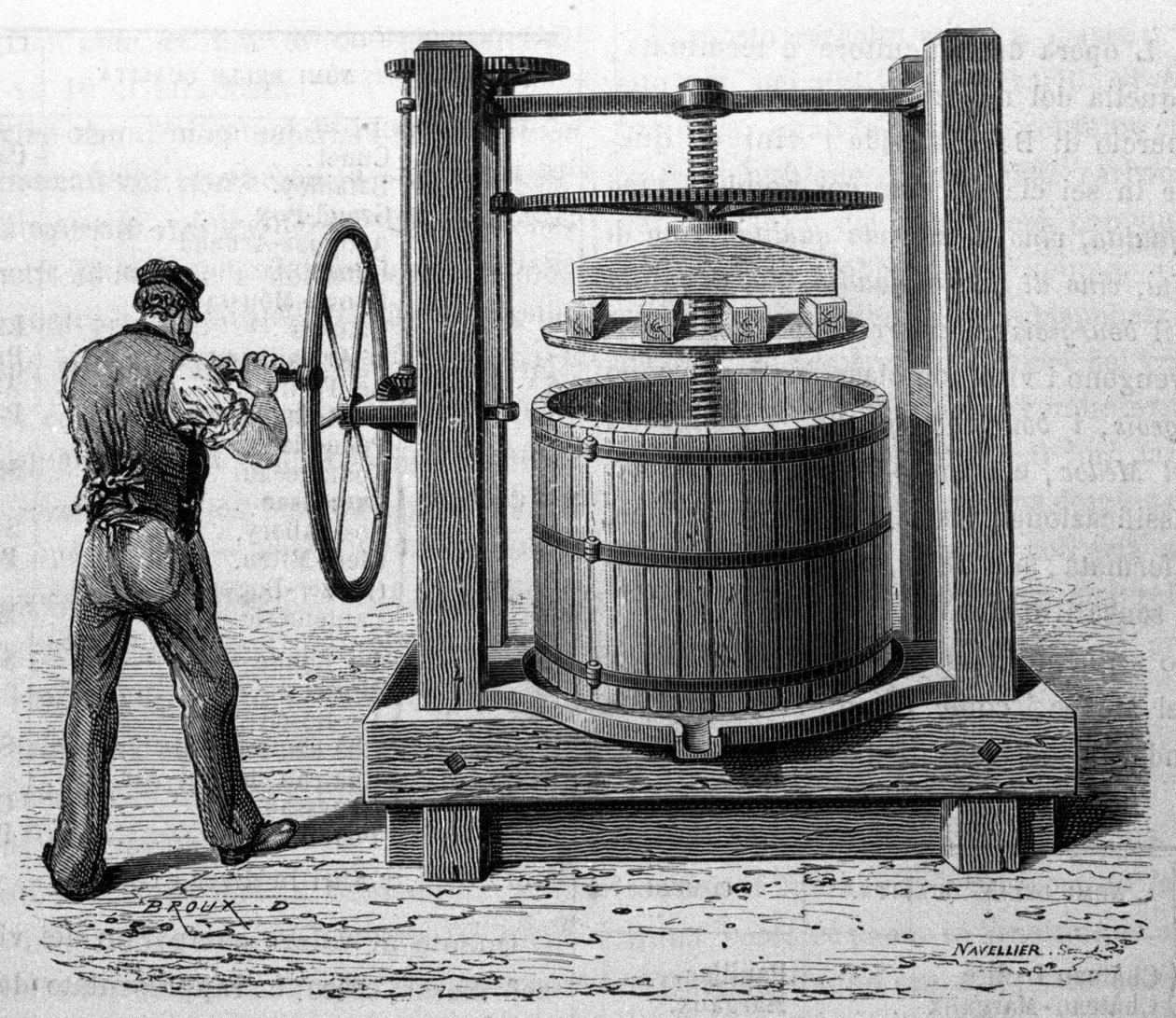Verwendung der Presse zur Gewinnung von Traubenmarc in Medoc und Cognac. Gravur aus dem späten 19. Jahrhundert von Unknown artist