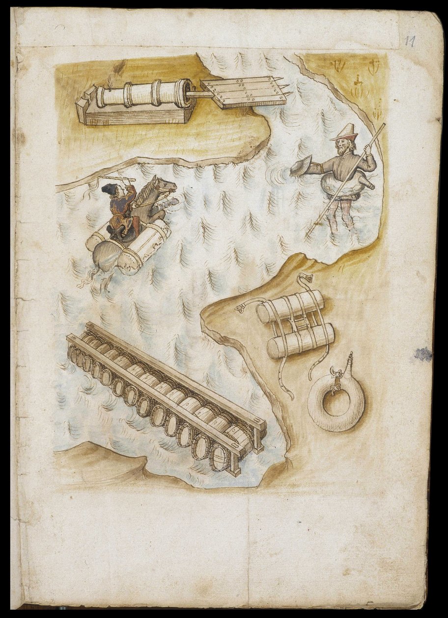 Verschiedene Systeme von Bojen und Flößen für die Evolution auf dem Wasser - Manuskript: Pergamentblatt eines Ingenieurhandbuchs für den Bau ziviler, religiöser und militärischer Gebäude, anonym, späte 15. Jahrhundert (Figur in chinesischer Tinte) von Unknown artist