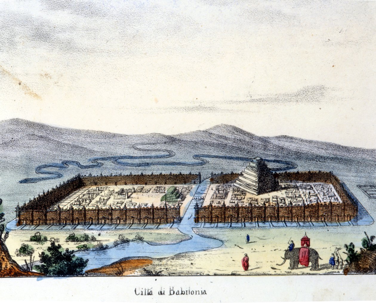 Ansicht des antiken Babylon: im Zentrum der Tempel und die hängenden Gärten. Anfang 19. Jahrhundert. von Unknown artist