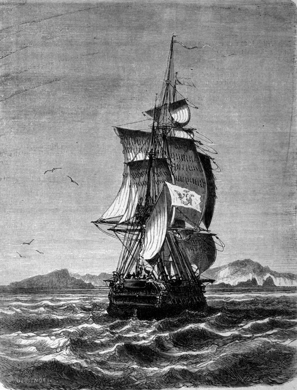 Ansicht der österreichischen Fregatte Novara vor der Insel St. Paul im Indischen Ozean im Jahr 1857. Gravur aus dem 19. Jahrhundert von Unknown artist