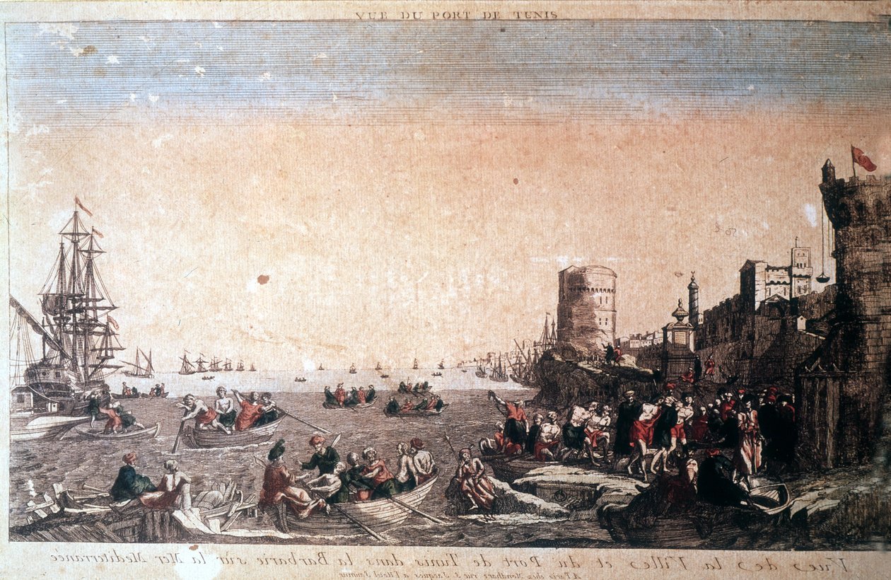 Ansicht der Stadt und des Hafens von Tunis im Mittelmeer - Gefangene Piraten kommen im Hafen von La Goulette in Tunis an. Gravur des 18. Jahrhunderts von Unknown artist